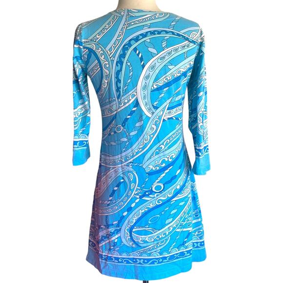 Barbara Gerwit Baby Blue Paisley Print 3/4 Sleeve Slit Neck Summer Mini Dress - Picture 5 of 6